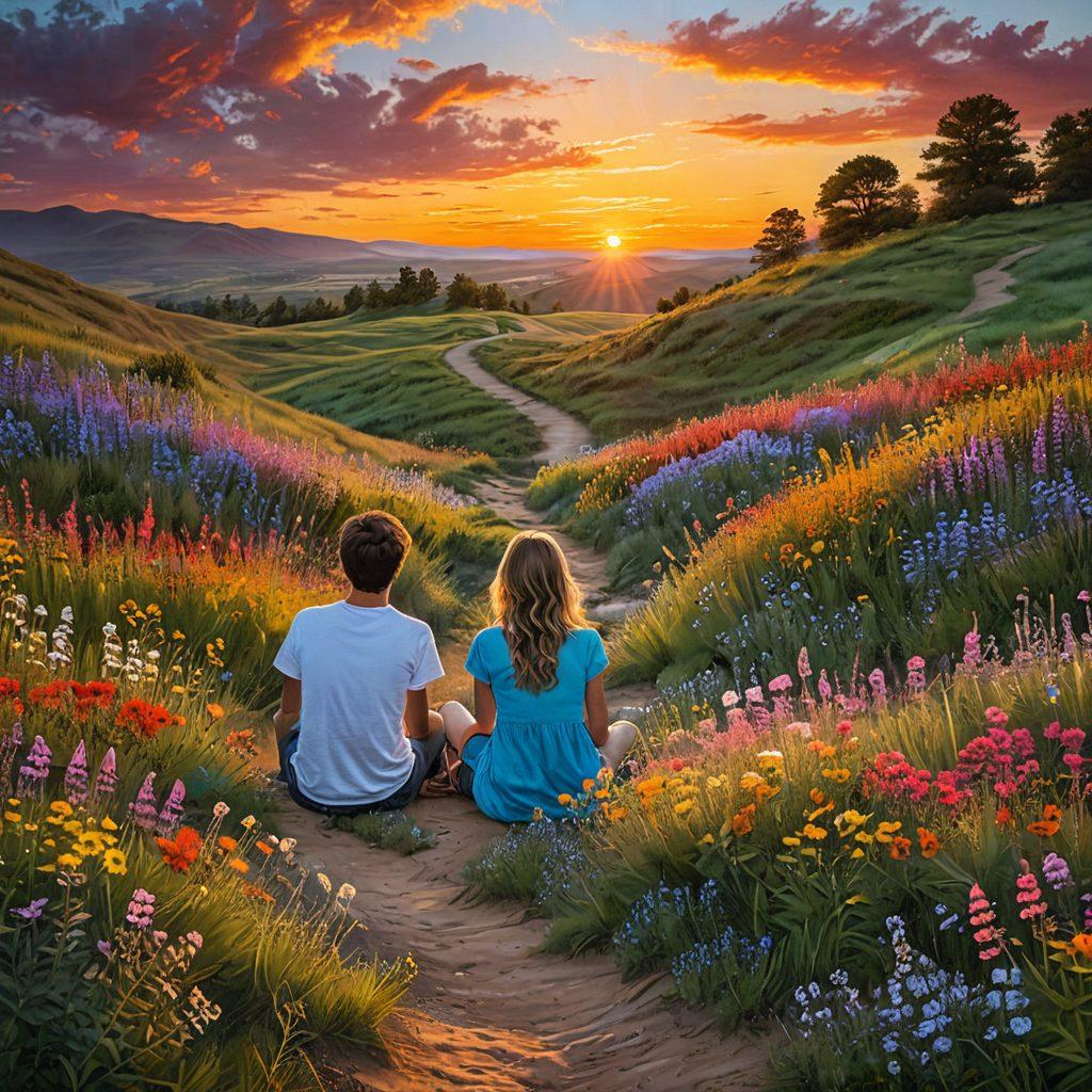 A picturesque sunset scene featuring two teenagers sitting on a hillside, sharing a moment of laughter and joy. Surround them with colorful wildflowers and soft pastel clouds as they hold hands, symbolizing love and exploration. Add a subtle hint of a winding path leading into the distance, representing their journey together. Capture the essence of youthful romance and adventure. vibrant colors. super-realistic.