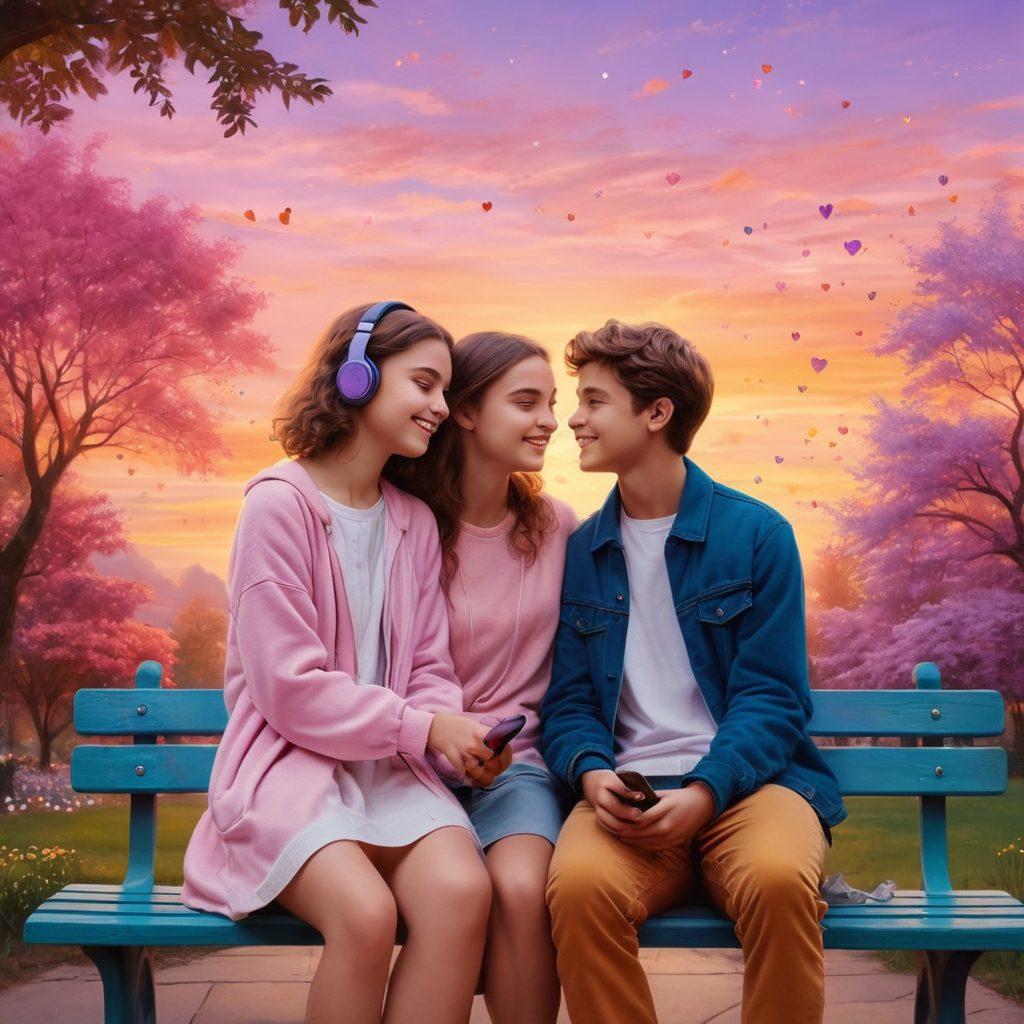 A dreamy landscape depicting two teens sitting on a park bench, the background featuring a beautiful sunset with soft pastel colors. They are sharing headphones, smiling and watching heartfelt clips on a smartphone, surrounded by hearts and sparkles in the air. The scene captures the essence of young love and playful adventure, evoking a sense of nostalgia and romance. vibrant colors. super-realistic.