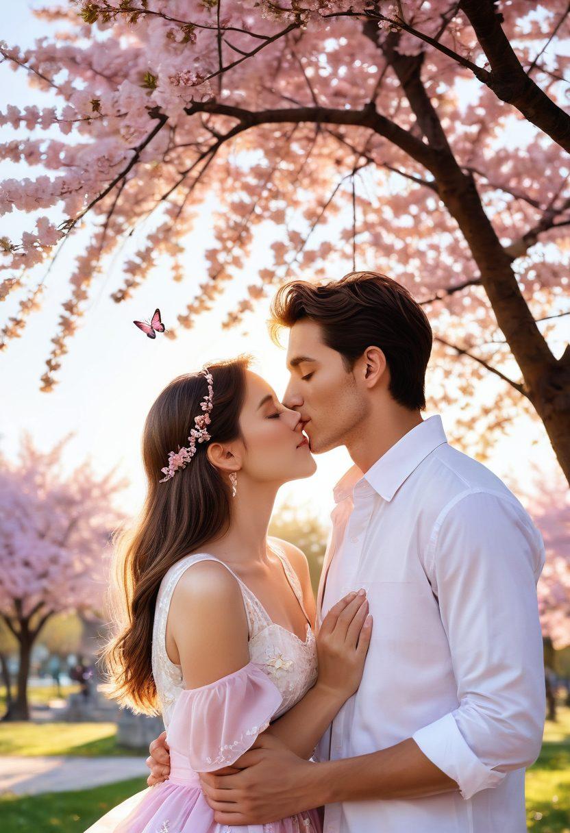 A tender scene depicting a young couple sharing their first kiss under a blooming cherry blossom tree, with soft sunlight filtering through the petals. Include playful elements like butterflies fluttering around and a dreamy, pastel color palette that captures the essence of youthful romance. The background should feature a vibrant park setting filled with laughter and innocence. super-realistic. vibrant colors. soft focus.